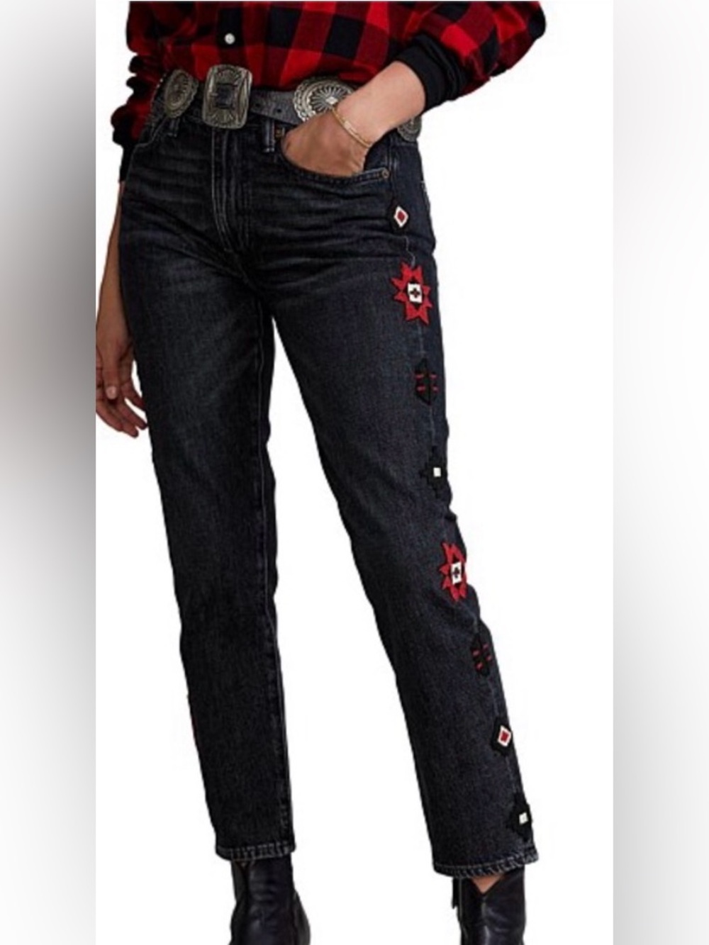 🆕 Polo Ralph Lauren Western Aztec Beaded Avery Boyfriend Jean 26 Rope Dyed Black